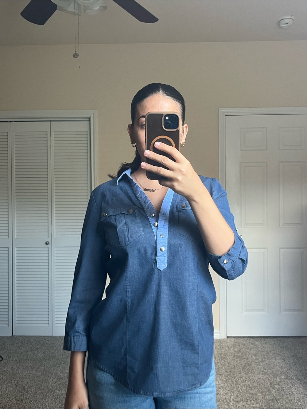 Denim-style popover tunic top